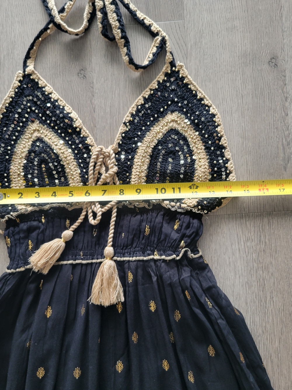 NWT Crochet Boho Coquette Bohemian Black Gold Tiered Maxi Dress Sz Large/XL - Picture 15 of 16